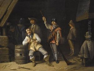 A Kortegaardje With An Officer 
Reading A Letter Delivered By A Messenger; A Kortegaardje With A Soldier
 Eating A Herring And Another Cleaning His Musket