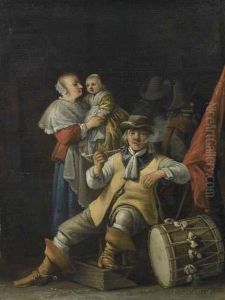 Soldier Smoking Pipe And Woman With Child Soldier Smoking Pipe And Woman With Child