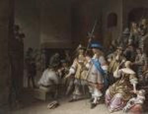 A Guardroom Interior With A Company Of Pikemen, Card Players And A Woman And Child by Antonie Palamedesz