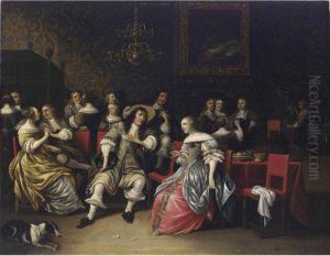 An Elegant Musical Company In An Interior With A Gentleman Playing A Lute by Antonie Palamedesz