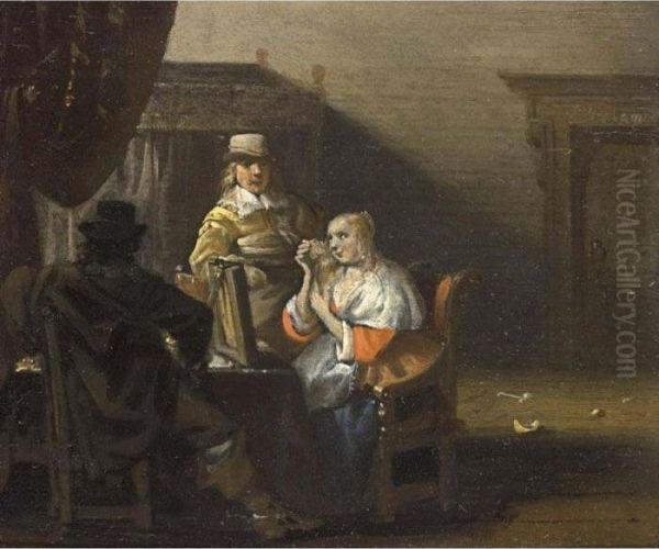 A Brothel Scene With A Lady 
Seated In Front Of A Mirror Combing Her Hair, And Two Men Around A Table - view 1