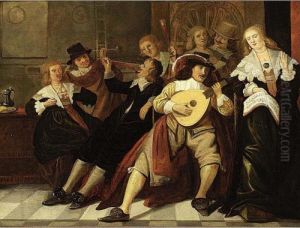 An Elegant Company Making Music And Drinking In An Interior by Antonie Palamedesz