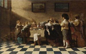 An Elegant Company Eating And Drinking At A Table, With A Man Playing Lute by Antonie Palamedesz