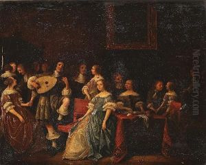 An Elegant Company Making Music In An Interior by Antonie Palamedesz