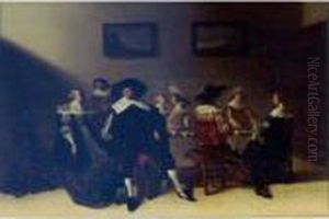 A Wedding Breakfast With The 
Bride And Groom Seated At Left, Other Figures Seated Around A Table