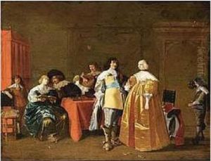 Elegant Figures Drinking, Making Music And Playing Backgammon In An Interior