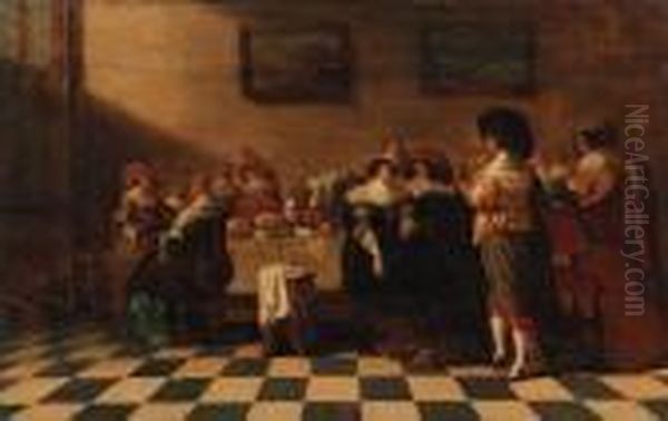 A Servant Offering A Glass Of
Wine To An Elegant Couple Sitting Bya Table Laden With Pastries, Other
Company Nearby, In Aninterior - view 1