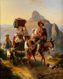 Hirtenfamilie Auf Dem Heimweg Vor Tiefer Landschaft