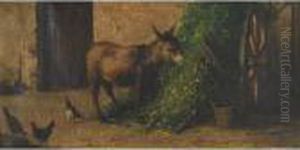 Donkey And Chickens In A Barnyard by Filippo Palizzi