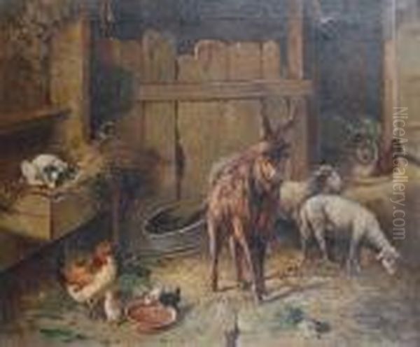 A Donkey, Sheep And Chickens In A Barn - view 1