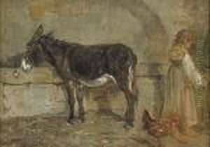 A Barn Interior With A Donkey And Afigure by Filippo Palizzi