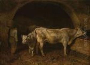 Interno Di Stalla Con Figura E Mucche by Filippo Palizzi