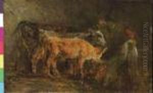 Interno Di Stalla Con Pastorella by Filippo Palizzi