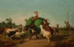 Boy On A Donkey With Goats On A 
Country Lane Andboy On A Donkey With Sheep And Goats On A Hillside by Giuseppe Palizzi