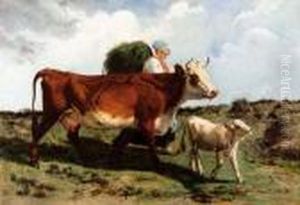 Contadina Con Mucca E Vitellino by Giuseppe Palizzi