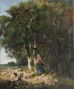 Pastorella Con Pecore Al Pascolo by Giuseppe Palizzi