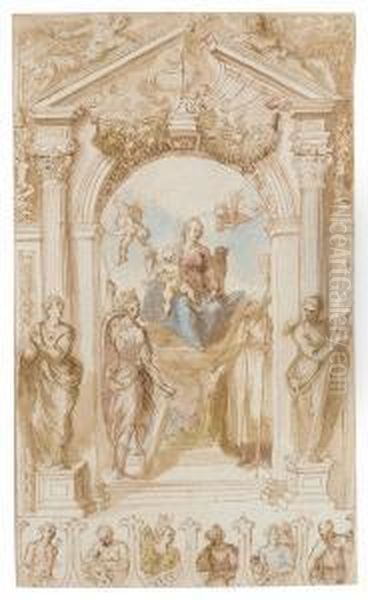 The Madonna And Child Enthroned
With Saint George And Saintnicholas Under An Arch Flanked By Statues Of
Religion And Faith - view 1