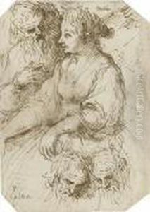 A Young Woman With An Old Bearded Man, With Two Subsidiary Studies Of Old Men's Heads by Acopo D'Antonio Negretti (see Palma Giovane)