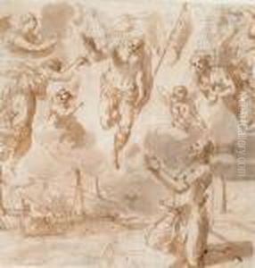 Le Christ En Gloire Benit Un Homme A Genoux by Acopo D'Antonio Negretti (see Palma Giovane)