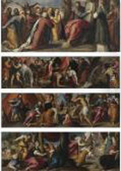 Moses, The Israelites, And The 
Flock Of Quails (exodus 16:13); The Gathering Of Manna (exodus 16: 
14-16); Moses Drawing Water From The Rock (exodus 17: 1-7); Moses 
Presents The Tables Of The Law To The Israelites (exodus 35) - view 1