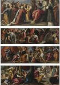 Moses, The Israelites, And The
Flock Of Quails (exodus 16:13); The Gathering Of Manna (exodus 16:
14-16); Moses Drawing Water From The Rock (exodus 17: 1-7); Moses
Presents The Tables Of The Law To The Israelites (exodus 35) Moses, The Israelites, And The
Flock Of Quails (exodus 16:13); The Gathering Of Manna (exodus 16:
14-16); Moses Drawing Water From The Rock (exodus 17: 1-7); Moses
Presents The Tables Of The Law To The Israelites (exodus 35)