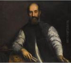 Portrait Of A Bearded Man,
Half-length, Wearing A Blue Waistcoat And Holding A Book In His Right
Hand by Acopo D'Antonio Negretti (see Palma Giovane)