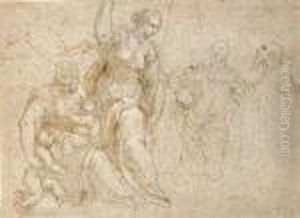 Un Moine Et Un Homme Agenouille Devant Une Femme Debout Et Uneallegorie De La Charite thumbnail