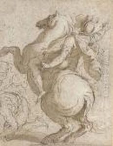 A Cavalier On A Rearing Horse, Crouching Figures To The Left