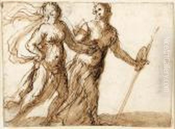 Two Female Mythological Figures In Procession To The Right - view 1