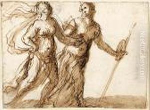Two Female Mythological Figures In Procession To The Right