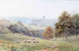 Sheep In A Pasture With The Village Of Langworthy Beyond Sheep In A Pasture With The Village Of Langworthy Beyond