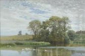 Tranquilsummer River Landscape, With Ducks, A Farm In The Woodland Beyond by Harry Sutton Palmer
