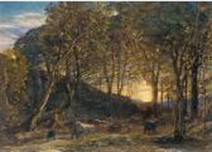 Landscape With Peasant Girl Minding Cattle: Evening by Samuel Palmer