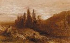 Figures Resting On A Bank Above A River At Sunset by Samuel Palmer