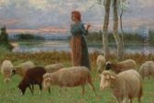 A Young Shepherdess With Her Flock At Dusk by Ruggero Panerai