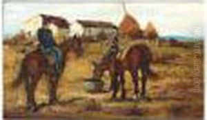 Cavalrymen At Rest, Strengthened
 Signature, Oil On Board, 11.5 X 19 Cm.; 4 1/2 X 7 1/2 In by Ruggero Panerai
