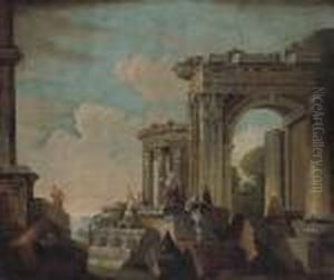An Architectural Capriccio With Figures Conversing Amongstclassical Ruins