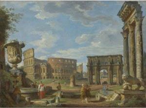 Capriccio Of Roman Monuments With The Colosseum And Arch Ofconstantine by Giovanni Niccolo Servandoni