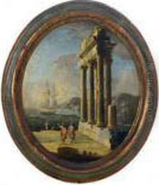 A Mediterranean Coastal
Landscape With Figures By A Classical Ruin;and A Companion Painting - view 1