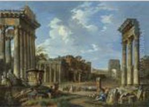 A View Of The Campo Vaccino With The Temple Of Jupiter Stator by Giovanni Niccolo Servandoni
