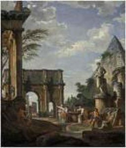 A Capriccio Of The Roman Forum,
With The Arch Of Constantine, Thepyramid Of Cestius And The Colosseum
Beyond, Figures By A Fountainin The Foreground by Giovanni Niccolo Servandoni