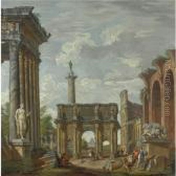 Capriccio Architettonico Con
L'arco Di Costantino, Il Colosseo,la Basilica Di Massenzio, Il Tempio Di
Antonino E Faustina, Lacolonna Traiana E Il Ponte Sant'angelo - view 1