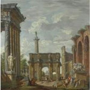 Capriccio Architettonico Con
L'arco Di Costantino, Il Colosseo,la Basilica Di Massenzio, Il Tempio Di
Antonino E Faustina, Lacolonna Traiana E Il Ponte Sant'angelo by Giovanni Niccolo Servandoni