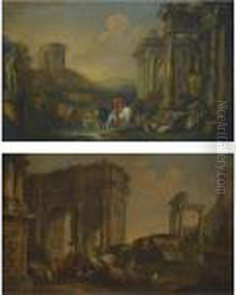 A Pair Of Capricci Views With Roman Ruins And Peasants Amongsttheir Livestock - view 1