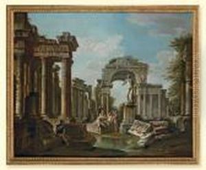 A Capriccio Of Roman Ruins With Villagers And A Statue Of Apollo by Giovanni Niccolo Servandoni