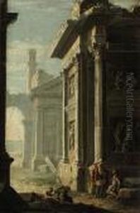A Capriccio Of Classical Ruins With Figures Conversing Beneath Atemple by Giovanni Niccolo Servandoni
