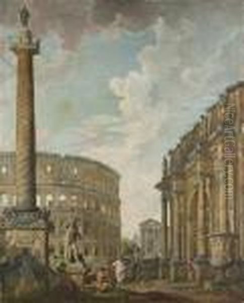 A Capriccio Of Roman Ruins, With
The Trajan's Column, The Farnese Hercules, The Coloseum, The Pyramid Of
Cestius, The Temple Of Fortuna Virilis, The Arch Of Constantine And The
Borghese Vase - view 1