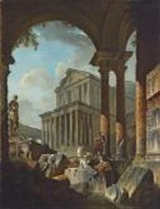 A Capriccio Of Classical Ruins
Of The Roman Forum With Figures Conversing Amongst Architectural
Fragments by Giovanni Niccolo Servandoni