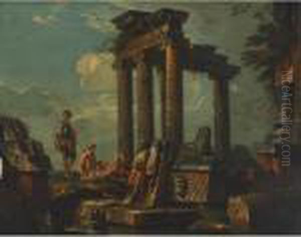An Architectural Capriccio With Figures Resting By Statues Of Sphinx And Horseman - view 1