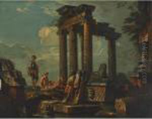 An Architectural Capriccio With Figures Resting By Statues Of Sphinx And Horseman by Giovanni Niccolo Servandoni